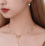 Bow & Pearl Elegance Necklace & Earring Set – 18K Gold Plated Stainless Steel