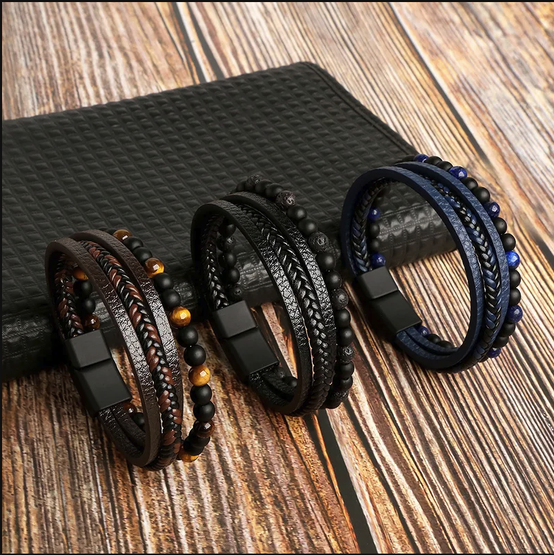 Triple-Layer Black Leather & Stone Bracelet