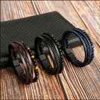Triple-Layer Black Leather & Stone Bracelet