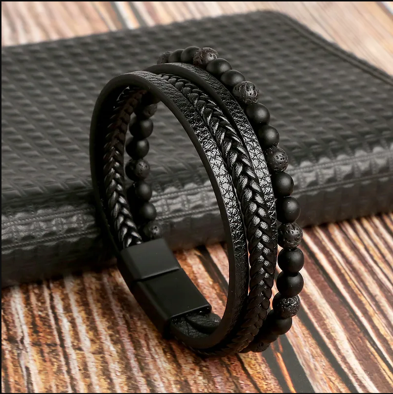 Triple-Layer Black Leather & Stone Bracelet