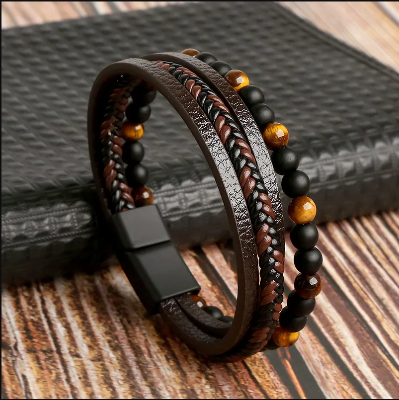 Triple-Layer Black Leather & Stone Bracelet