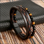 Triple-Layer Black Leather & Stone Bracelet