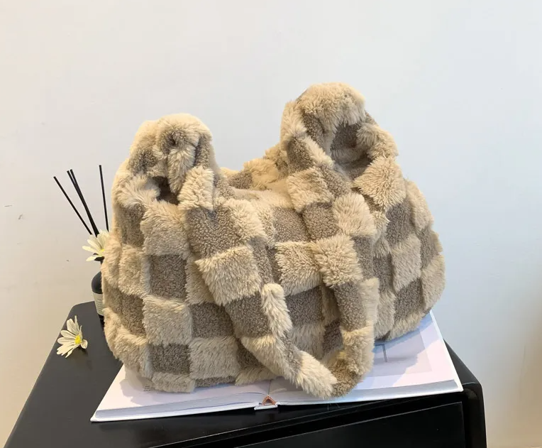 TLA Cozy Checkered Plush Shoulder Bag