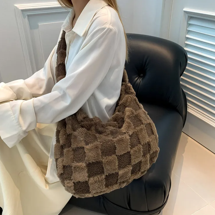 TLA Cozy Checkered Plush Shoulder Bag