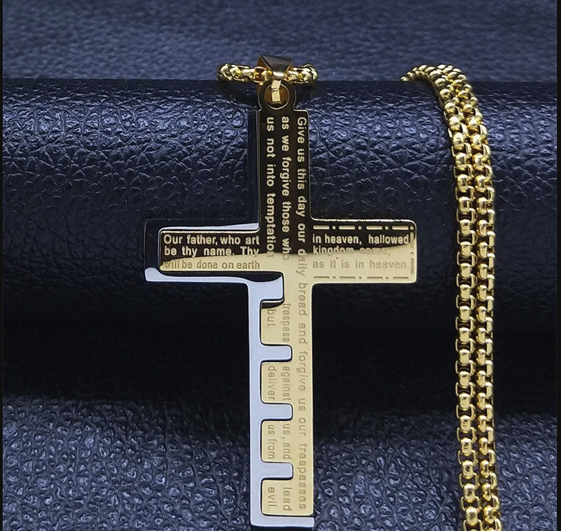 ✝ Engraved Lord’s Prayer Cross Necklace – Stainless Steel (Gold & Silver)