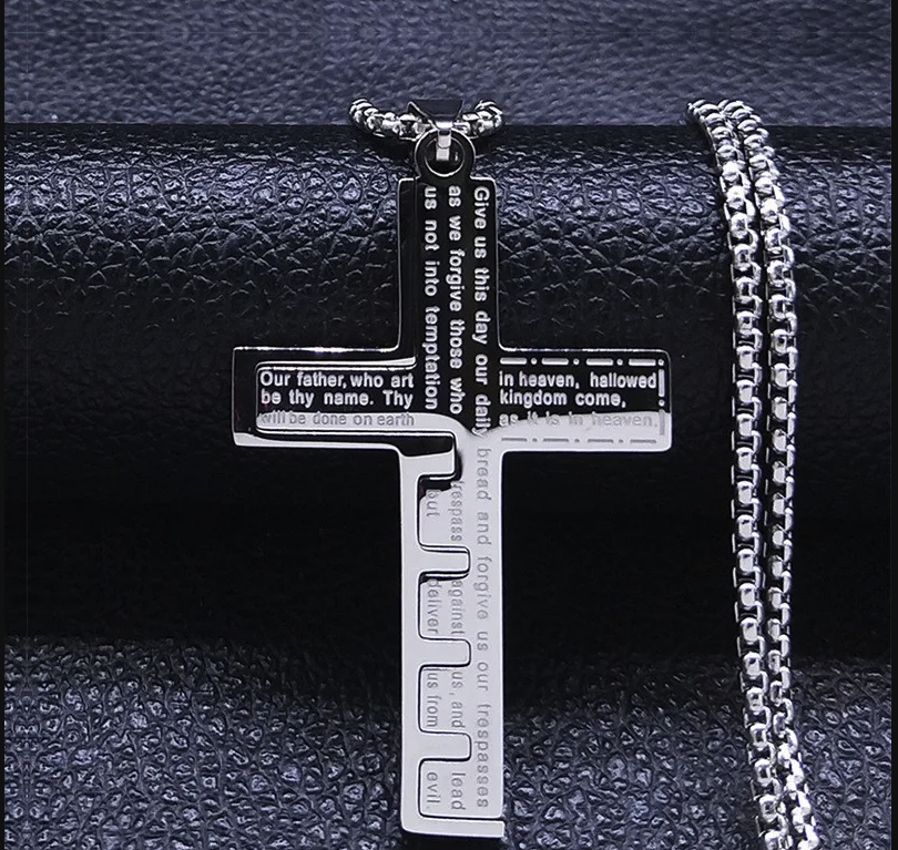 ✝ Engraved Lord’s Prayer Cross Necklace – Stainless Steel (Gold & Silver)