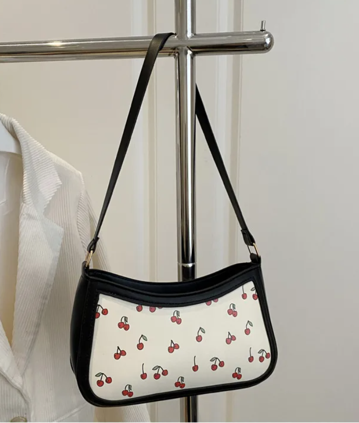 Cherry Print Shoulder Bag – Cute Aesthetic Mini Baguette Purse for women