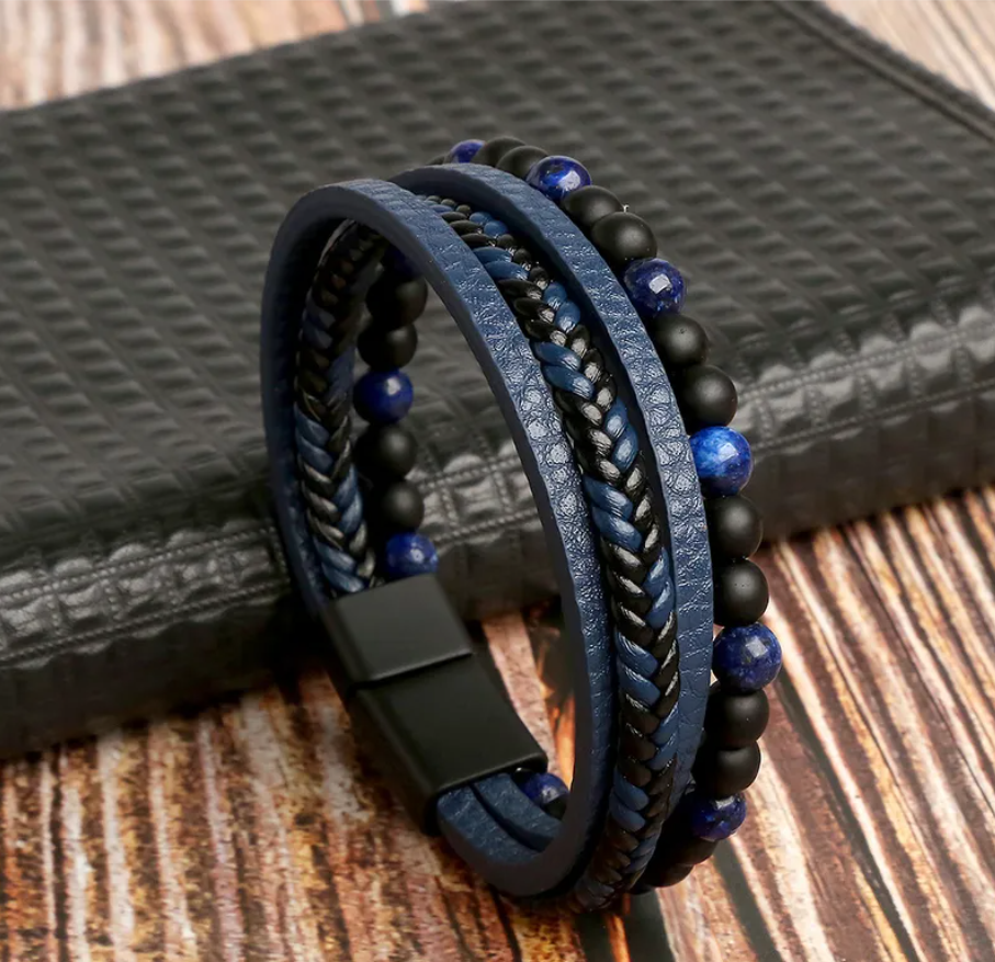 Triple-Layer Black Leather & Stone Bracelet