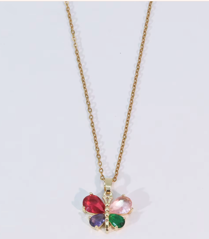 Butterfly Gemstone Pendant Necklace – 18K Gold Plated, Non-Tarnish