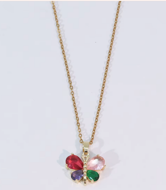 Butterfly Gemstone Pendant Necklace – 18K Gold Plated, Non-Tarnish