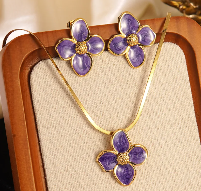 Blossom Elegance Necklace & Earring Set – 18K Gold Plated & Stainless Steel (Several different colors available)