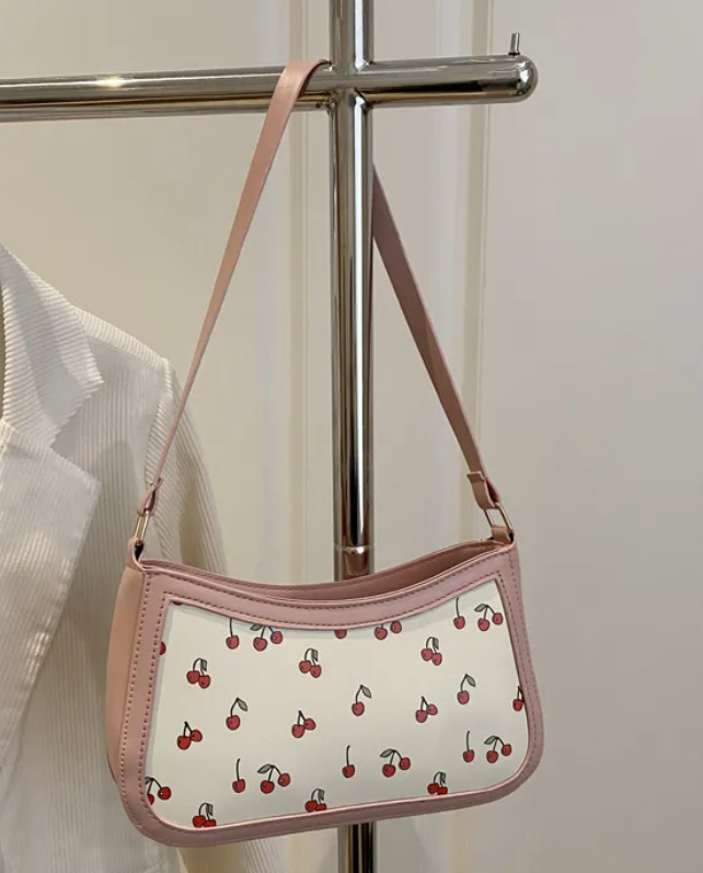Cherry Print Shoulder Bag – Cute Aesthetic Mini Baguette Purse for women