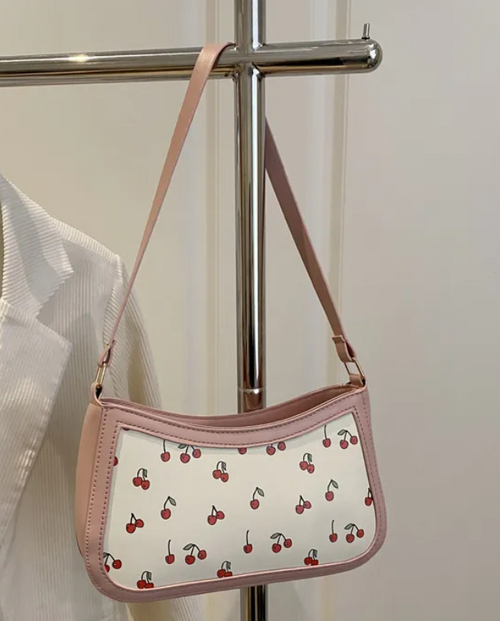 Cherry Print Shoulder Bag – Cute Aesthetic Mini Baguette Purse for women