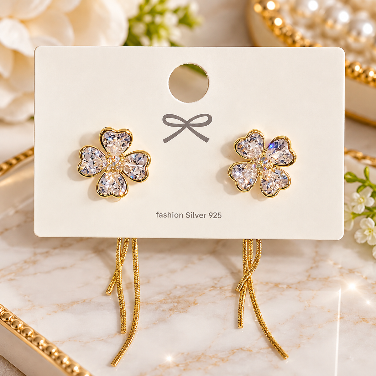 Lucky Clover Crystal Tassel Earrings – S925 Sterling Silver Post & Gold-Tone Finish