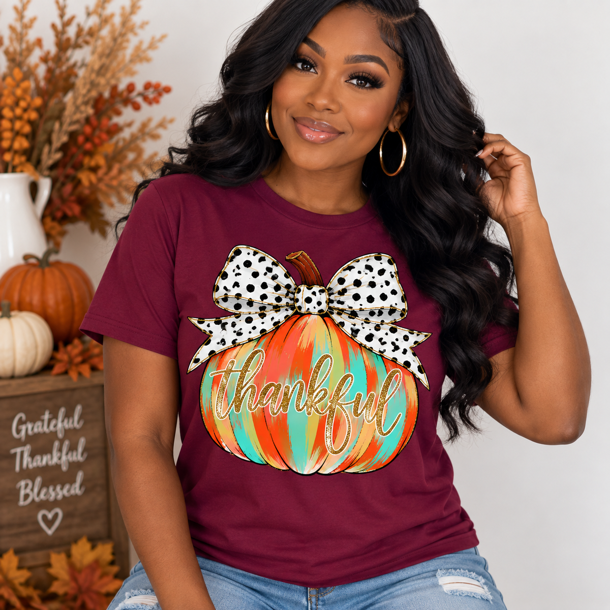 Thankful Pumpkin & Bow Fall Tee & Sweatshirt